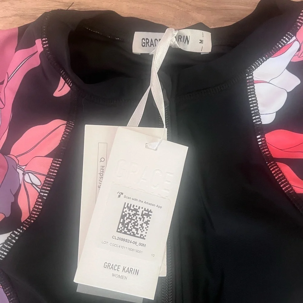 Grace Karin One Piece Swimwear Size M Rashguard Pink Zip Front Bathing Suit NEW